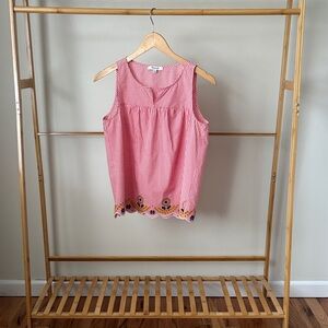 Madewell Pink/Red Gingham Top with Embroidered Hem